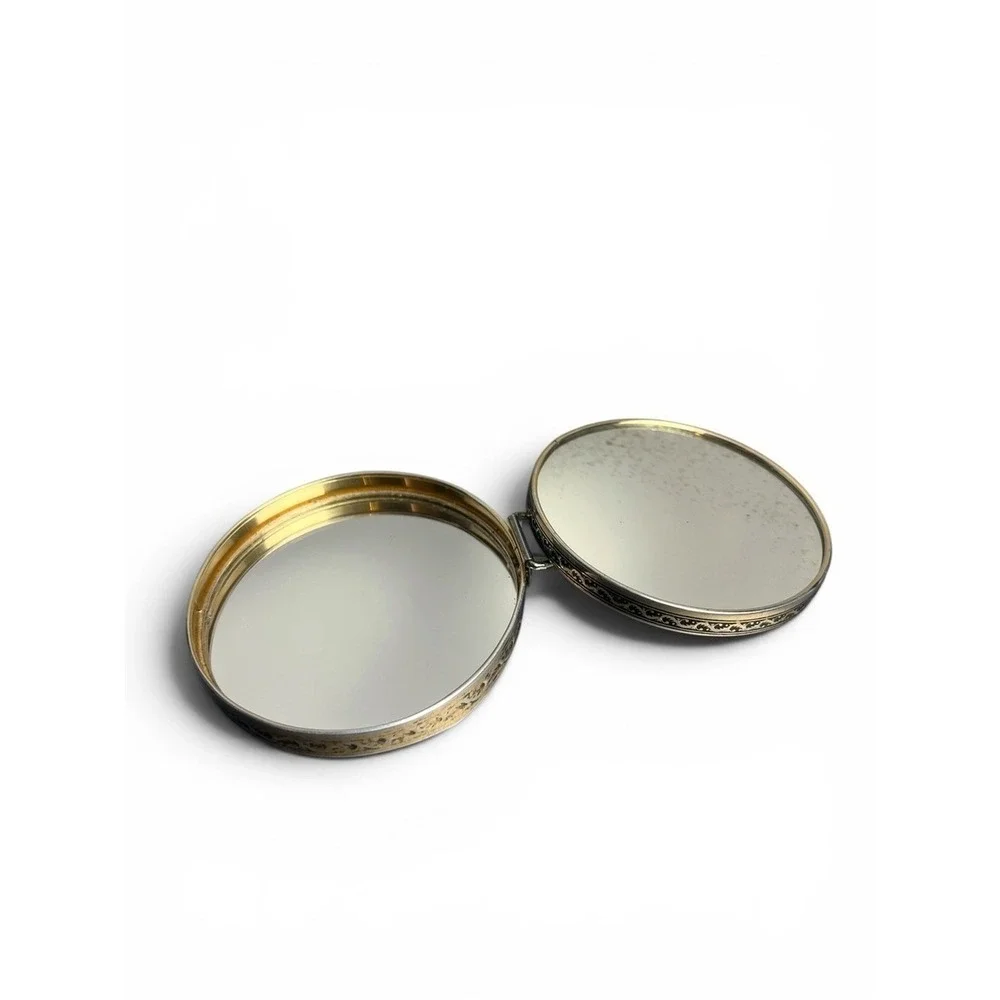 Vintage 60s Mother-of-Pearl Style Round Double Compact Travel Mirror Japan 3.5